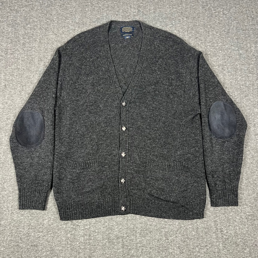 Pendleton 100% Virgin Wool Cardigan Sweater Men's XL Charcoal Grey Elbow Patches